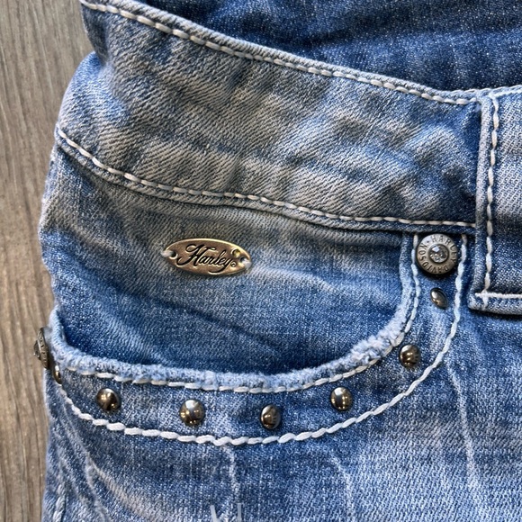Harley Davidson distressed ripped low rise jeans. Gem and stud details. - Picture 5 of 15